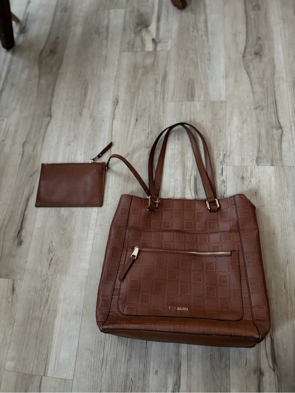 Steve Madden Chestnut Brown Logo-Embossed Tote with Pouch